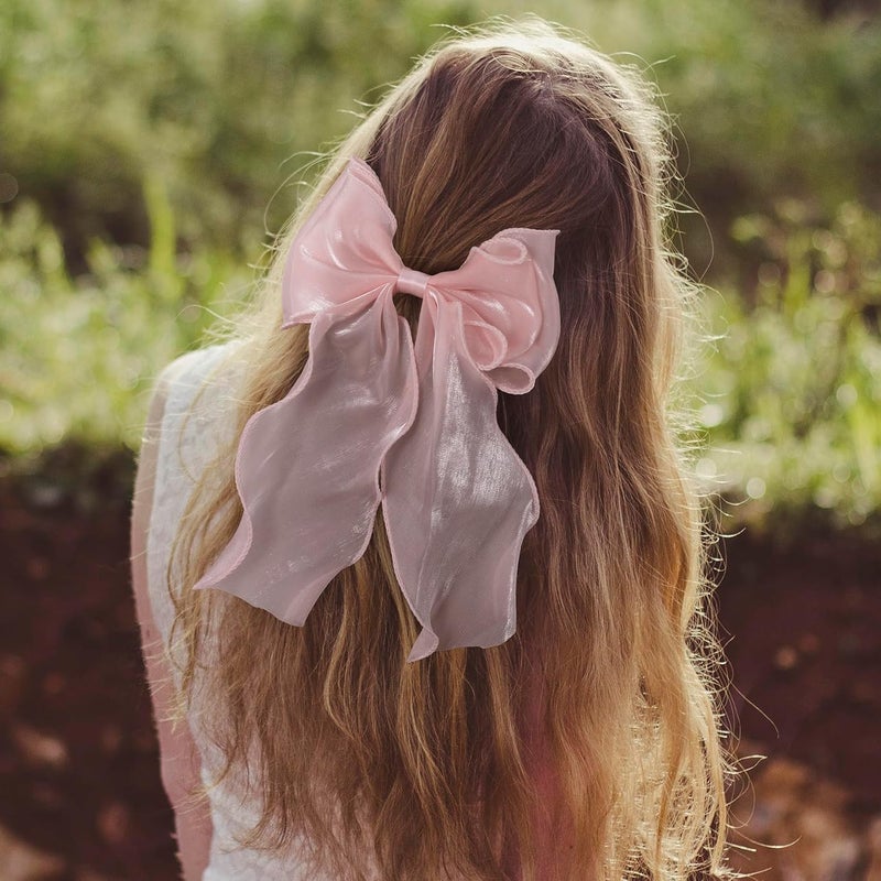 STSTR 2Pcs Large Hair Bow Clips, Pink Silk Yarn Ribbon Bow Hair Barrette for Women, Elegant Long Tail Bowknot French Hair Accessories for Wedding, Parties, Festivals - Image 5